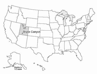 Map of U.S. with Bryce Canyon National Park highlighted in south-central Utah.